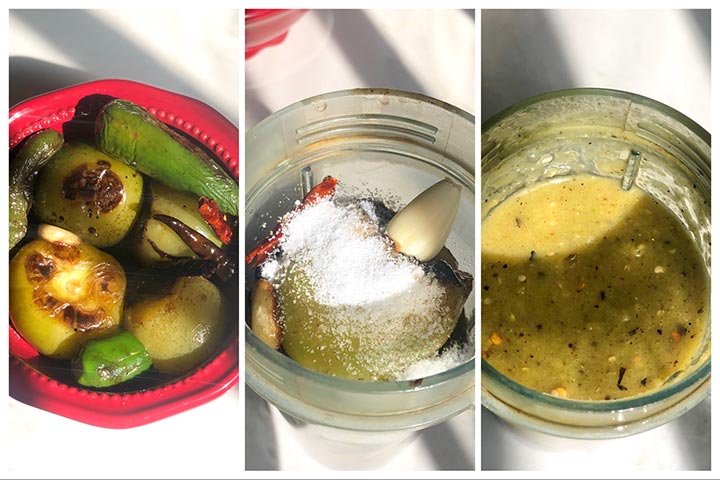 The process steps to make Salsa Verde, 1. roast, 2. combine in blender cup, 3. salsa after blender.